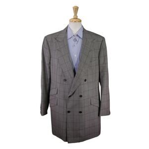 Edgar Pomeroy Bespoke Gray Windowpane 2-Btn Double Breasted Wool Blazer 44XL